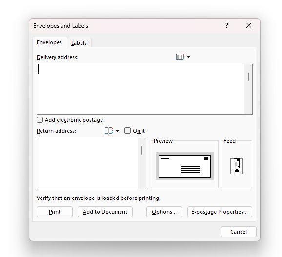 Envelopes and Labels Window